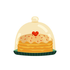 Cake in glass dome cover display plate simple vector icon. Showcase to store sweet pastry, baking accessory, serving tray, storage container. Flat design element illustration. Restaurant, bakery decor
