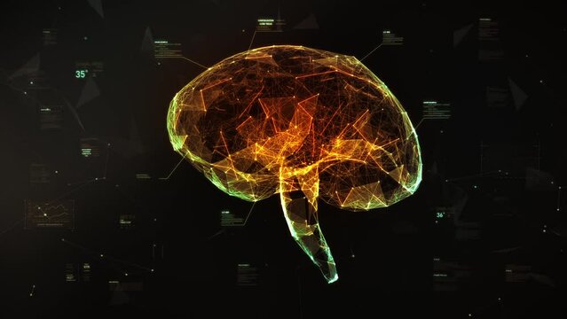 Futuristic 3D Animation of Artificial Intelligence Digital Brain with Data. Technology Animation of Connected Shinning Brain, AI Deep Learning Computer Machine. 