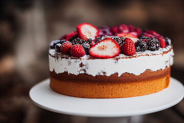 cake with fruit  is lying on a white plate