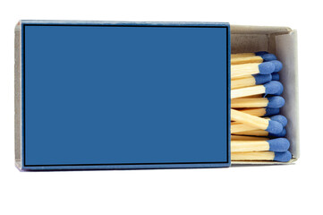 Opened blue matchbox with matches on a white background