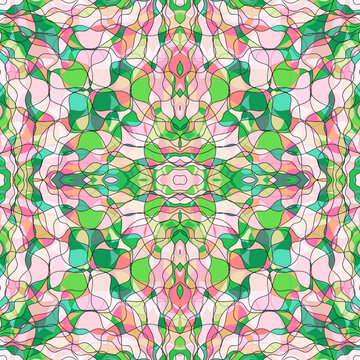 Stained glass window pattern vector background design in pink green colors. Creative tile print.