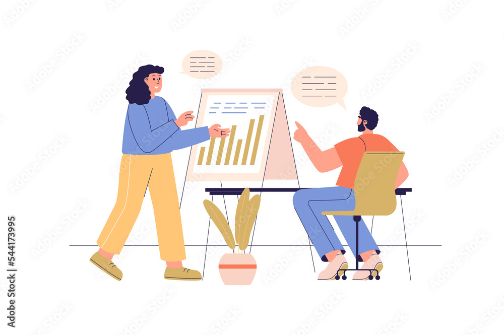 Aufkleber business meeting web concept with people scene. woman and man discussing company financial data at p