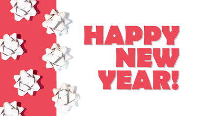 Festive Christmas and new year season greeting concept. Holiday party idea with décor objects and simple text. Red and white winter composition.