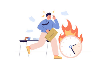 Deadline web concept with people scene. Worried businessman running and trying to keep up with schedule. Time pressure to man at workplace. Character situation in flat design. Illustration.