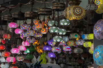 Colored glass lanterns. Turkish glass lanterns at the bazaar