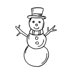  Cute snowman in hat and scarf. Concept New Year, Christmas, holidays, winter activities. Hand drawn vector illustration in doodle style outline drawing isolated on white background.