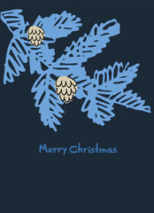 Happy New Year greeting card template. Minimalistic design with hand lettering, snowflakes, fir tree branch, lantern on blue background