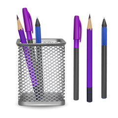 Realistic simple pencil and two pens, office and stationery in the basket on white background, vector illustration
