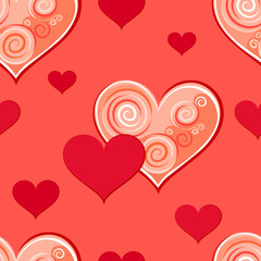 Love seamless pattern. Vector background with cute cartoon heart on red. 