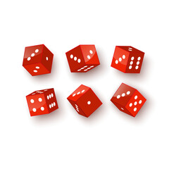 Dice of red color in different perspective on a white background. 3d vector illustration