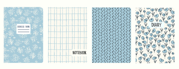 Set of cover page templates based on grid seamless patterns, spiral lines, polka dot pattern. Plaid backgrounds for school notebooks, diaries. Headers isolated and replaceable