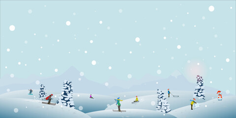 Winter sport scene, Christmas street event, festival and fair, with people, families make fun. Vector illustration