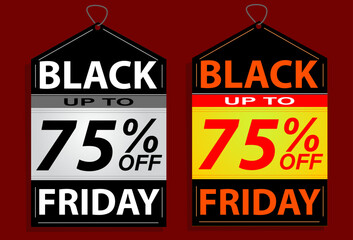 Sale tag black friday 75% seventy five percent off, vector illustration, two examples.
