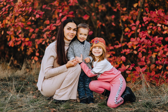 Photography, a portrait of a beautiful brunette girl, a woman with a small son and a smiling daughter in nature in autumn, against the backdrop of a tree with red leaves.