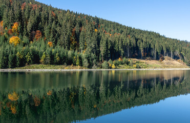 Autumn forest and lake in a mountainous area, natural background.