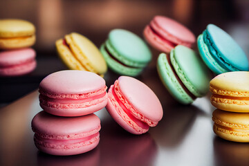 French macaroons lie on a dark background