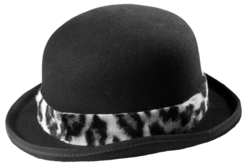 A bowler hat with a black and white leopard print band