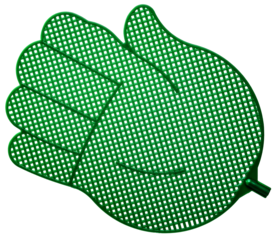 A closeup of a fly spotter in the shape of a hand