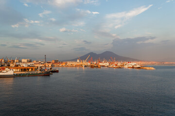 Fototapeta na wymiar port and sunset over the river with mount vesuvius, 