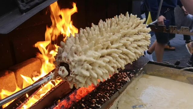 Lithuanian shakotis or raguolis, tree cake, Polish sekacz, a Polish, Lithuanian and Belarusian traditional spit cake cooking on a rotating spit in an oven, over an open fire