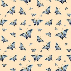 Butterfly blue a seamless pattern beige watercolor