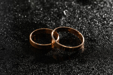 Obraz na płótnie Canvas gold wedding rings for newlyweds on a wedding day on a black background with water drops. Jewelry
