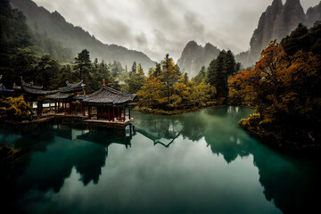 Fototapeta premium Lake and ancient Chinese house in the mountains. Mysterious mountain lake with turquoise water in the autumn day. Zen lake. Beautiful reflection of mountains and autumn foliage 