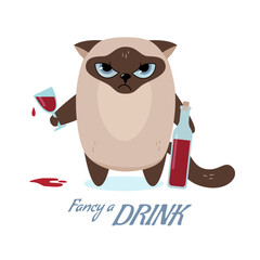 Siamese cat with a bottle of wine