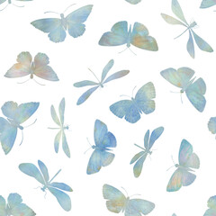 butterflies and dragonflies drawn in watercolor, collected for design in a seamless pattern