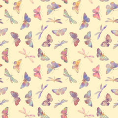 Colorful pattern of watercolor butterflies and dragonflies collected for design, wrapping paper, wallpaper, print.