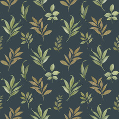 Seamless abstract pattern with watercolor leaves on branches.