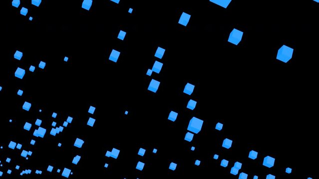 Black background. Design. White and blue cubes decrease and increase moving in different directions in the animation