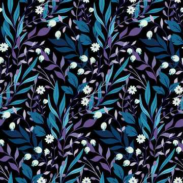 Seamless floral pattern, ornate ditsy print with fantasy winter garden on dark background. Pretty flower design with hand drawn wild plants: small flowers, twigs, herbs, leaves. Vector illustration.