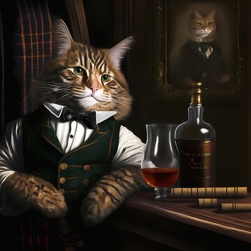 A distinguished red-haired gentleman cat dressed in green Scottish attire drinks Scotch whiskey in his classic men's office. Artistic modern digital painting.