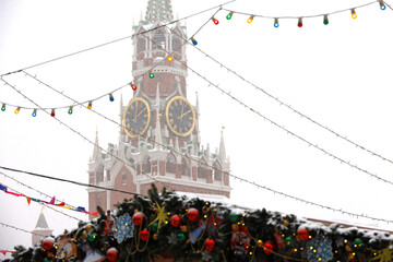 New Year celebration in Russia, Christmas lights and decorations on Red Square in Moscow. View to...