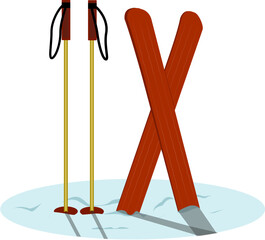 Alpine skiing and sticks standing in the snow. Vector image