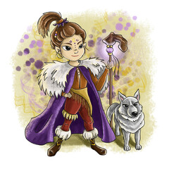 Cartoon viking girl and gray wolf. Barbarian girl in mantle with magic stick