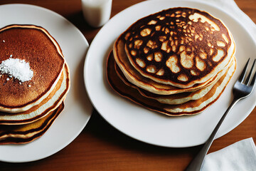 fresh pancakes lie on white plates for breakfast