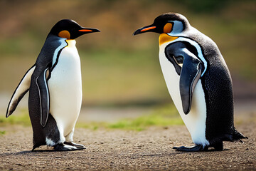 two penguins are standing facing each other