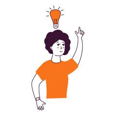 Woman came up with an idea.Brainstorm doodle hand drawn elements.Light bulb with concept of new idea.Outline vector illustration.Isolated on white background.