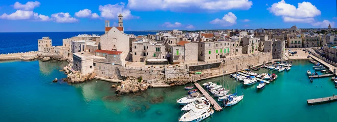 Fototapete Rund Traditional Italy. Puglia region with white villages and colorful fishing boats. aerial view of coastal Giovinazzo town, Bari province © Freesurf