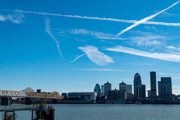 Louisville, KY and the Abraham Lincoln and John F. Kennedy Bridges over the Ohio River as seen from...
