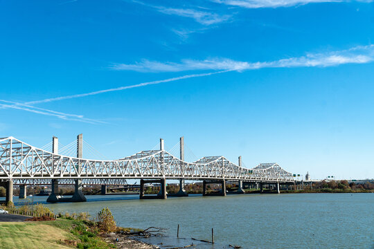 Louisville, KY and the Abraham Lincoln and John F. Kennedy Bridges over the Ohio River as seen from the Clarksville/Jefferson, IN Area