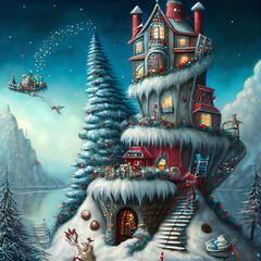 Christmas , winter whimsical surreal fantasy art, cute house, background, digital art, illustration - 544181906