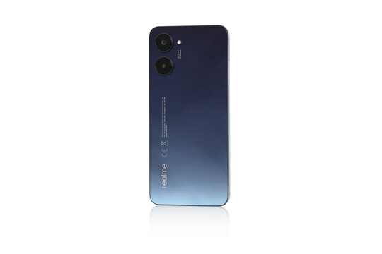 Shenzhen, China - November 2022. Realme 10 on a white background. A new smartphone from Realme close-up on a white background.