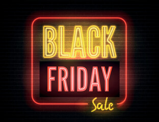Black Friday hot discounts realistic vector banner template. Seasonal clearance, luxury store special price offer poster design. Stylish sale advert neon light and inscription on dark background.