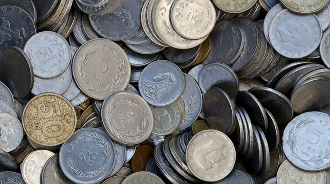 stack of old metal Turkish coins