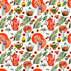 Seamless cute watercolor pattern with tea party items in a cartoon style. Light background. Dishes, teapots, cups, cupcakes, candles, wrapping paper, paper, crafts, cards, 