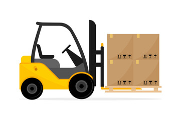 Forklift truck. Electric forklift with boxes. Delivery, shipping cargo, freight load and logistics. Warehouse special machine. Vector illustration.