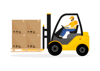 Forklift truck with driver. Electric forklift with boxes. Delivery, shipping cargo, freight load and logistics. Warehouse special machine. Vector illustration.